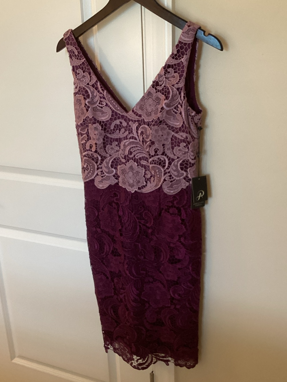 Adrianna Papell Sleeveless Lace V-Neck Midi Dress in Plum Size 4